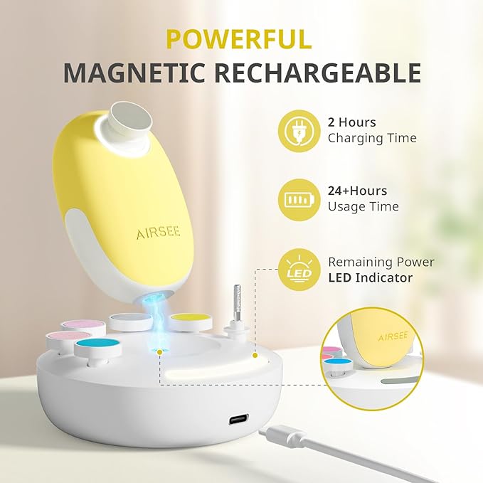 AIRSEE Premium Newborn Gift Electric Baby Nail File, Cordless Safe Nail Trimmer for Infant, 6 Replacement Heads with Magnetic Storage Case, 360° Light, Baby Clipper, Christmas, Soft Yellow
