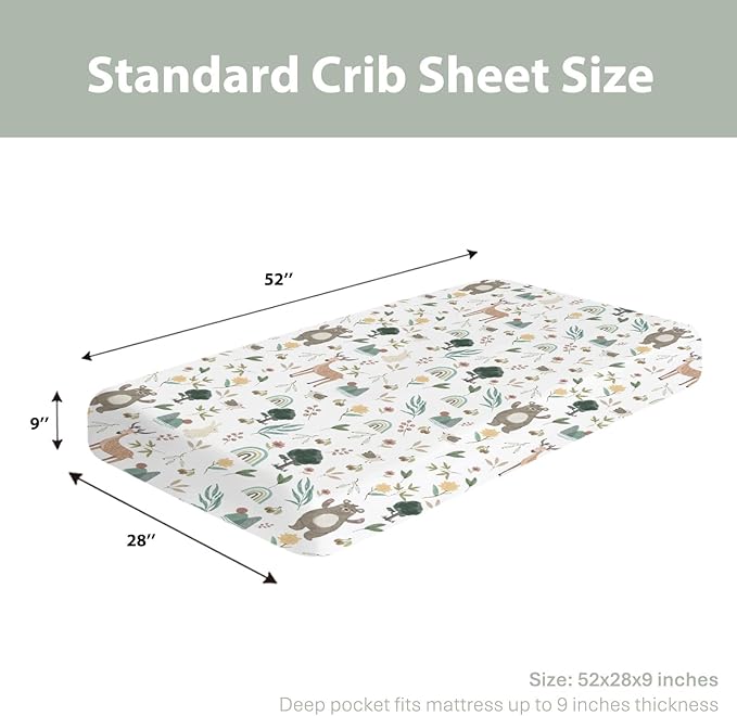 Boho Spring Animal Baby Crib Sheets for Boy Girl 52x28Inch Bear Deer Bunny Bird Rainbow Trees Mountain Soft Snug Fitted Crib Mattress Cover Animals Baby Sheet for Standard Crib & Toddler Mattress
