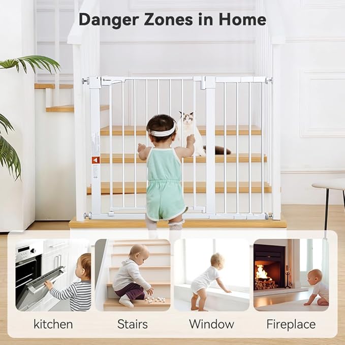 COMOMY 30" Tall Baby Gate for Stairs Doorways, Fits Openings 29.5" to 43.3" Wide, Auto Close Extra Wide Dog Gate for House, Pressure Mounted Easy Walk Through Pet Gate with Door, White