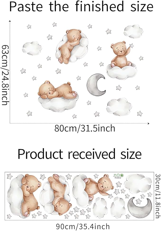 Cute Brown Sleeping Baby Bear Wall Stickers, sacinora Moon and Stars DIY Art Wall Decals Removable Vinyl Peel and Stick for Kids Baby Nursery Bedroom Toddler Room Kindergarten Decorations