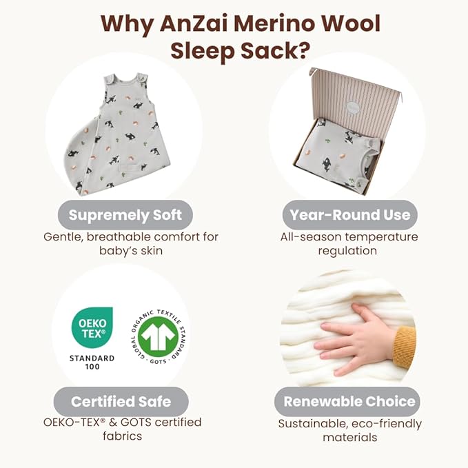 AnZai Merino Wool & Organic Cotton Sleep Sack for 2-24 Months - 2 Way Zipper Adjustable Sleeping Bag, Year Round