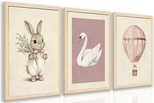 Hianan Pink Baby Girl Nursery Wall Decor Cute Bunny Wall Art Cozy Rabbit Canvas Artwork Elegant Swan Poster Prints Vintage Hot Air Balloon Painting Prints for Kid's Room Baby Room Wood Framed 16"x24"x3