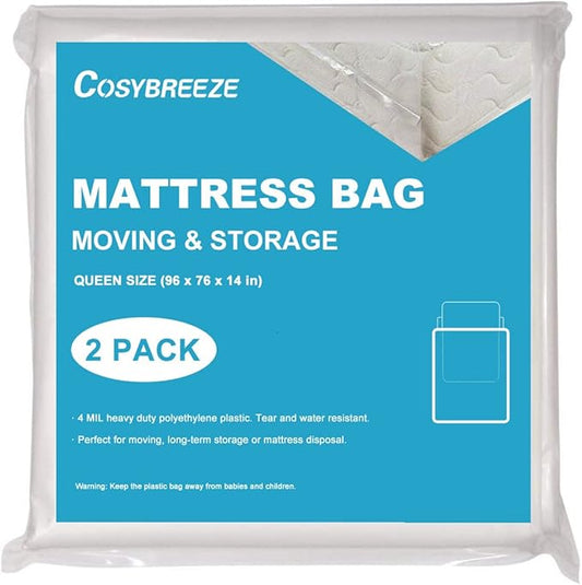 Queen Mattress Bags for Moving 2 Pack Bed Mattress Storage Bags 4 Mil Mattress Cover for Moving - Super Thick Heavy Duty Waterproof Plastic Mattress Storage and Disposal - 54 x 96 Inch