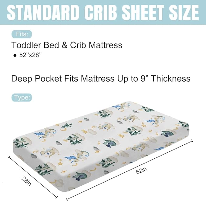 Cartoon Fairy Tale Dragon Moon Stars Clouds Trees Baby Crib Sheets 52''x28'' Watercolor Dragons Stretchy Fitted Crib Mattress Cover for Boy Girl Soft Bed Sheet for Standard Crib Toddler Mattress