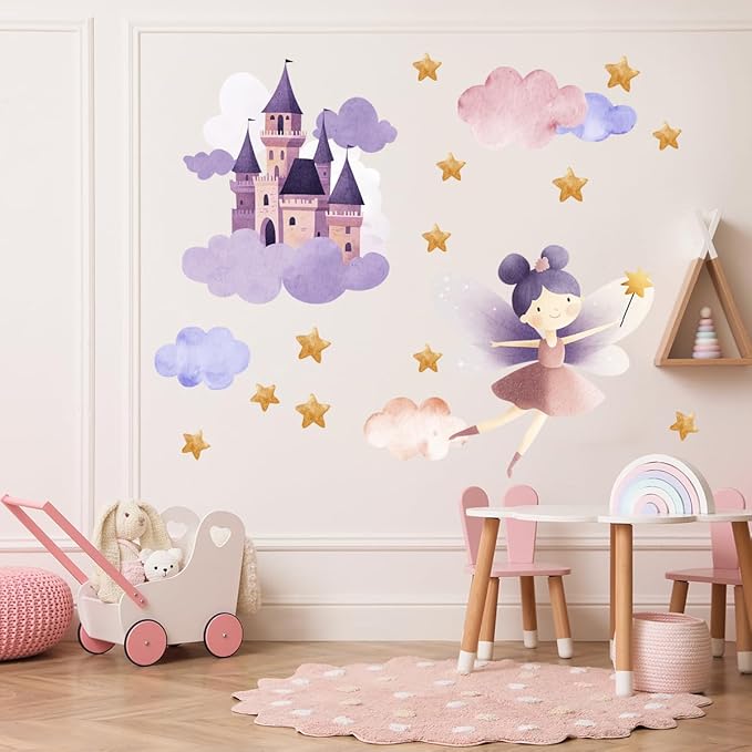 Flower Fairy Wall Decal，Butterfly Fairy Stars Wall Stickers，Cartoon Princess Butterfly Girls Decal，Removable Vinyl for Girls Bedroom Baby Nursery Kids Room Wall Decor. (Fairy Castle Wall Stickers)
