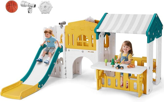JOYLDIAS 9 in 1 Toddler Slide, Freestanding Kid Climber Slide Playset, Toddler Playhouse with Slide, Basketball Hoop and Climbing Frame, Indoor Outdoor Backyard Playground Toy for Toddlers Age 1-3+