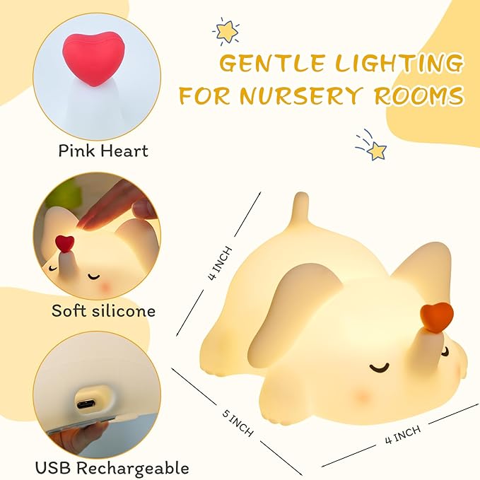 FRDEV Elephant Night Light for Kids, Silicone Squishy Lamp with Touch Control 3-Level Dimmable, Auto-Off Timer, Rechargeable Nursery Light, Baby Gift (Soft White)