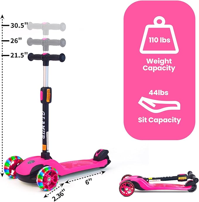 GLAMUP Kids Kick Scooter 3 Wheels, Kids Scooter Height Adjustable Handlebar, Lean-to-Steer System & Easy-Folding Mechanism, Ages 3-14 Boys and Girls
