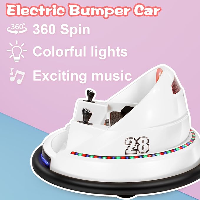 Edostory Electric Ride On Bumper Car Kids 12V 3-Speeds for Toddlers, 1.5-8 Years Old Baby Bumping Toy Cars, DIY Sticker Baby Toy Gifts, Remote Control, Bluetooth, 360 Spin ASTM-Certified White