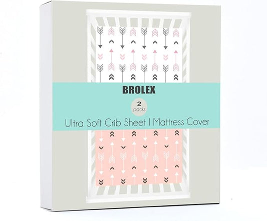 BROLEX Baby Fitted Crib Sheets: Kid Crib Sheets - Set of 2 for Toddler Standard Size Crib Mattress for Boys and Girls - Jersey Knit Crib Bed Sheets Pink White Arrow
