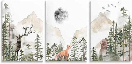 Nursery Wall Decor Wild Woodland Animals Art Poster Foggy Forest Wall Art Adventure Nursery Decor Mountain Wall Art Beige Green Prints for Boy's Room Girl's Room Toddler, Framed Canvas Set 3, 16"x24"