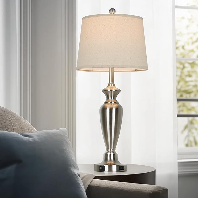 Cinyirong 30" Tall Silver Table Lamps Set of 2 for Living Room, 3-Way Dimmable Touch Control Bedside Lamps for Bedroom Nightstand with USB A+C Ports & AC Outlet (2 LED Bulbs Included)