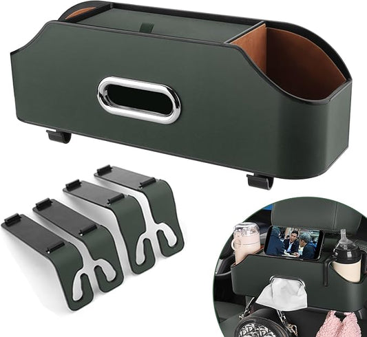 HALOYIVGO Car Seat Back Organizer - Stylish & Functional Storage for Family Adventures - Cup Holders, Tissue Box & Hooks - Perfect for Kids, Road Trips & Travel (Emeralds)