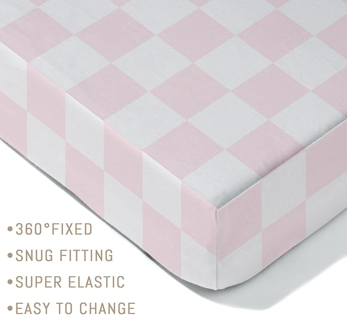 Pink and White Checkered Baby Crib Sheets for Girls Gingham Plaid Checkerboard Soft Snug Fitted Crib Mattress Covers for 52''x28'' Standard Crib & Toddler Mattress Pink Checks Nursery Bed Sheets