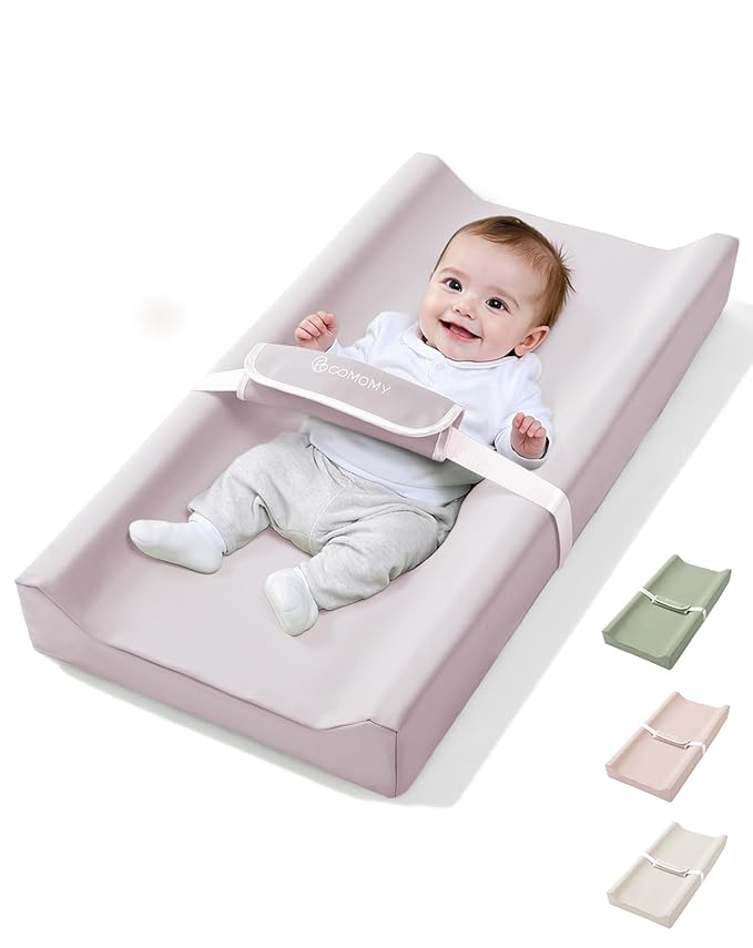 COMOMY Baby Changing Pad with Wipeable & Waterproof PU Cover, Contoured Diaper Changing Pad for Dresser with Non-Slip Safety Belt, Portable and Lightweight, Large Cushioned Foam, Lavender