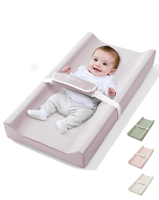 COMOMY Baby Changing Pad with Wipeable & Waterproof PU Cover, Contoured Diaper Changing Pad for Dresser with Non-Slip Safety Belt, Portable and Lightweight, Large Cushioned Foam, Lavender