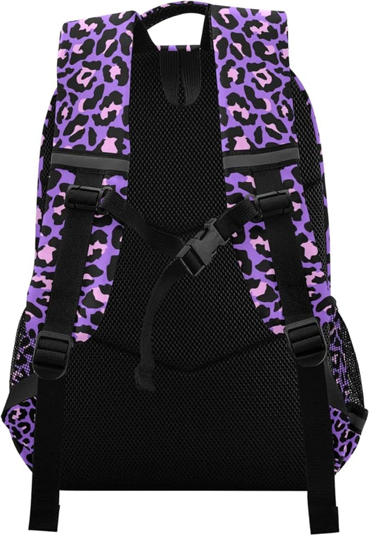 MNSRUU School Backpack with Chest Strap, Neon Purple And Pink Leopard Laptop Backpack, Travel Hiking Backpack for Boys Girls, Rucksack, Knapsack