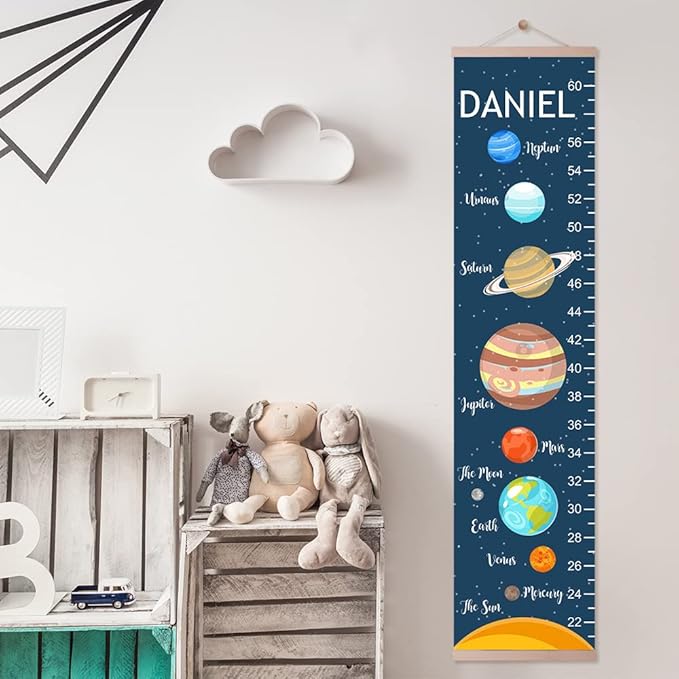 Personalized Name Kids Growth Chart Ruler Flower Dinosaur Growth Ruler Canvas Wall Ruler Oak Solar Woodland Theme Kids Height Chart Baby Wall Growth Chart with Custom Name (Solar)