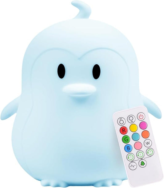 Lumipets Remote Control Silicone Night Light for Kids - Penguin Design with 9 Soft Colors & Sleep Timer - Rechargeable, Battery-Operated Lamp for Bedroom | Baby Nursery, Toddler, Girls, Boys