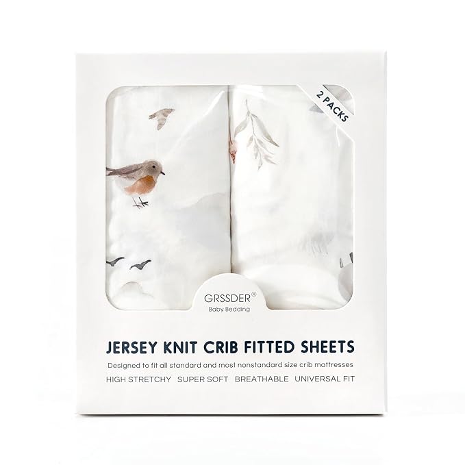 Stretch Ultra Soft Jersey Knit Fitted Crib Sheets Set 2 Pack，Fit All Standard Crib Mattress Pads Safe and Snug, Crib Fitted Sheet for Baby, Cute Watercolor Cows and Birds Print