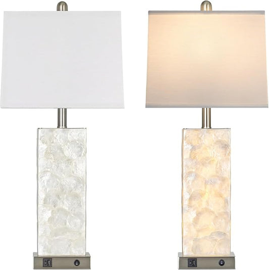 luxeflow 28" Coastal Table Lamps for Living Room Set of 2, Bedside Lamps with Night Light, USB A+C Ports, Modern Sea Shell Bedside Night Stands Light for Beachy Cottage Decor (Silver)