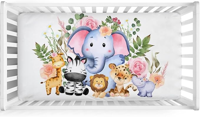 Baby Jungle Safari Animals Tropical Leaves Flowers Baby Crib Sheets 52''x28'' Stretchy Fitted Crib Mattress Sheet for Boy Girl Nursery Baby Crib Sheets for Standard Crib and Toddler Mattress
