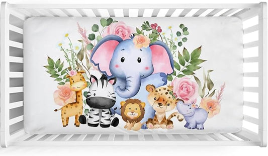 Baby Jungle Safari Animals Tropical Leaves Flowers Baby Crib Sheets 52''x28'' Stretchy Fitted Crib Mattress Sheet for Boy Girl Nursery Baby Crib Sheets for Standard Crib and Toddler Mattress