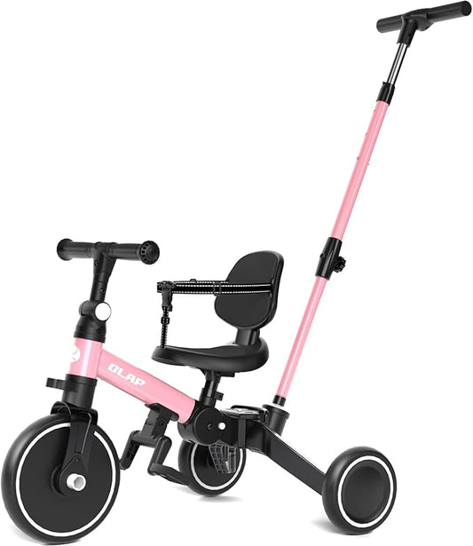 Glaf Tricycle for Toddlers 1-3 Toddler Bike with Push Handle 2-4 Years Baby Bike Toy for 1 Year Old Boys and Girls Balance Bike with Removable Pedal, Backrest, Adjustable Seat, Gifts (Pink