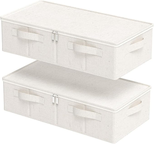 ENUMAIL Underbed Storage Container, Foldable Under Bed Bins, Wardrobe Organisers with Lid for Organizing Clothes, Sheets, Blankets, Comforter, 23.6x11.8x5.9in, Beige, 2 Pack
