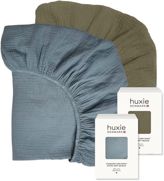 Crib Sheets – Organic Cotton Muslin Fitted Crib Sheet – Standard Size for Baby Boy and Baby Girl 28" x 52" Ultra-Soft and Breathable - 2-Pack (Tradewinds/Sage Green)