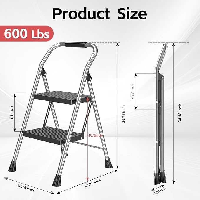 Foldable Folding Stool Step Ladder - 2 Stepping Tall Heavy Duty Extension with Handrails for Home Adults Kitchen - Extendable Stepladder Closet Stair Ladders Stepstool for Indoor House 600Lbs