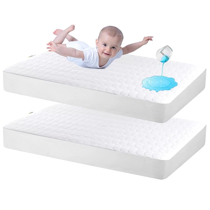 Bamuho Cotton Crib Mattress Protector, Waterproof Toddler Baby Mattress Pad Cover for Standard Crib Mattress, Duck Egg Pattern Quilted - 2 Pack 52" × 28"