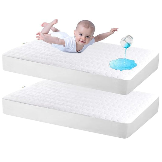 Bamuho Cotton Crib Mattress Protector, Waterproof Toddler Baby Mattress Pad Cover for Standard Crib Mattress, Duck Egg Pattern Quilted - 2 Pack 52" × 28"