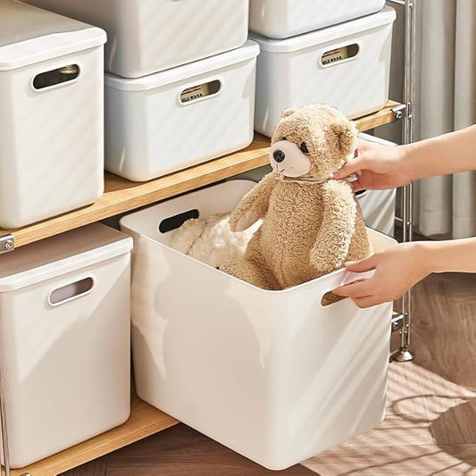 Gaoaodeyu 5 pack large plastic White storage bins with Lids, Toy Box Chest with Handle，Organizer Containers Baskets for Baby,Nursery，Shelves，Playroom, Bedroom，Office,Closet，home (White, 5XL+5S)
