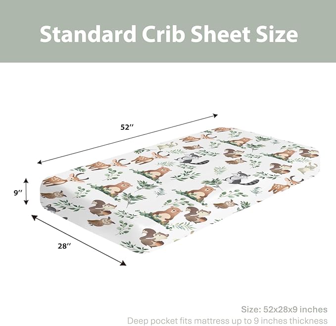 Cute Animals Green Leaves Baby Crib Sheets for Boy Girl 52"x28" Bear Deer Squirrel Bunny Owl Soft Snug Fitted Crib Mattress Cover Wild Animals Nursery Baby Sheet for Crib & Toddler Bed Mattresses