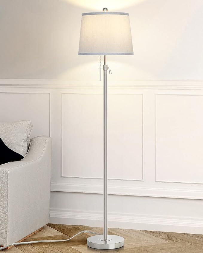 JUNNAI Floor Lamp for Living Room,Adjustable Height Standing Lamp,Dimmable Modern Floor Lamps for Bedroom Office Tall Floor Lights with Pull Chain Bulb Included-Silver Gray Shade