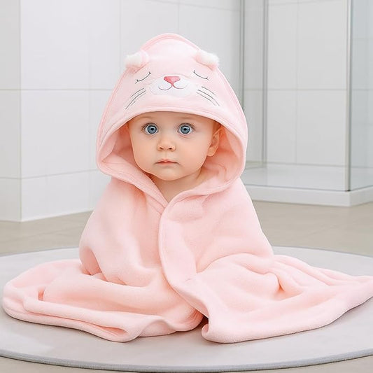 My Tiny Nugget Pink Hooded Baby Bath Towel for Girls – Soft & Absorbent | Cute Animal Hood | Plush Newborn Infant & Toddler Bath Wrap | Perfect (Pink)