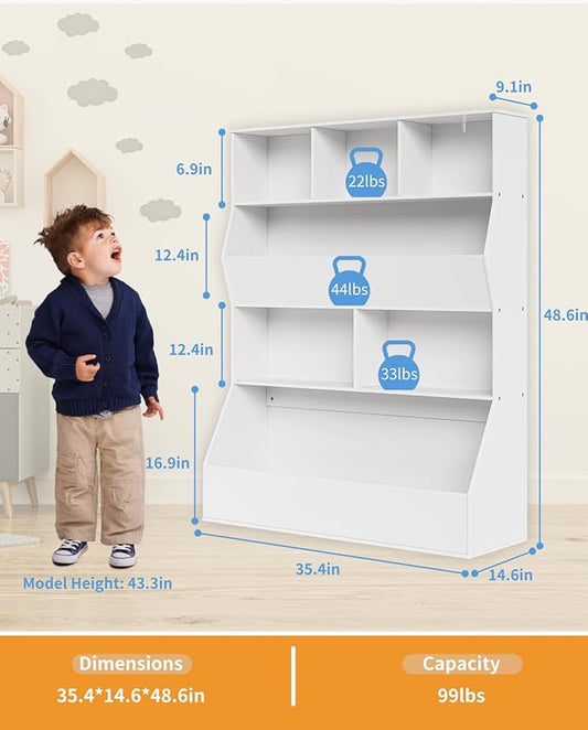 Arlopu Kids Bookshelf & Toy Storage Organizer, 4 Tier Wooden Cabinet with Open Design, Toddler-Friendly Bookcase for Playroom, Nursery, Classroom, Kindergarten (White)