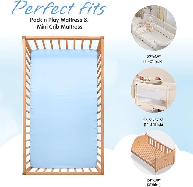 Horbaunal 2 Pack Satin Pack n Play Sheets for Baby with Sensitive Hair and Skin, Silky Mini Crib Sheets 38" x 24" x 5", Soft Playard Sheet Protector Baby Mattress Sheet, Baby Blue & Grey