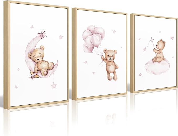 Bear Nursery Wall Art Decor Set of 3 Teddy Bear Wall Art Baby Girl Canvas Wall Decor Pink Pictures Balloon Nursery Children Prints Artwork Moon Star Cloud Art for Boys Room Bedroom 12x16 Inch Framed