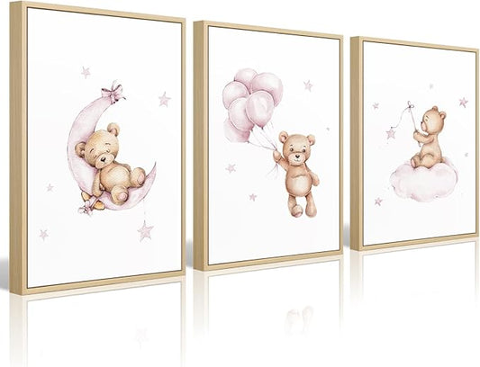 Bear Nursery Wall Art Decor Set of 3 Teddy Bear Wall Art Baby Girl Canvas Wall Decor Pink Pictures Balloon Nursery Children Prints Artwork Moon Star Cloud Art for Boys Room Bedroom 12x16 Inch Framed