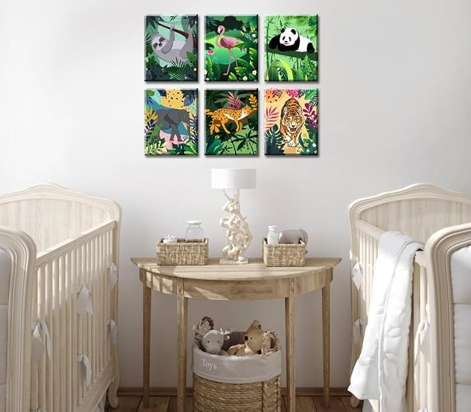 Framed Baby Safari Animal Wall Art Prints,Tropical Jungle Safari Animal Wall Art,leopard Tiger Flamingo Tiger Palm Botanical Leaves Canvas Prints for Baby Kids Room Decor Set of 6 (8"X10")