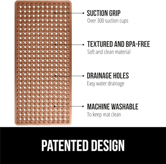 GORILLA GRIP Patented Bath Tub Shower Mat, Machine Washable Bathtub Floor Liner Mats, Suction Cups and Drain Holes to Keep Tubs Clean, Soft on Feet, Bathroom Essentials, 35x16 Inch, Brown