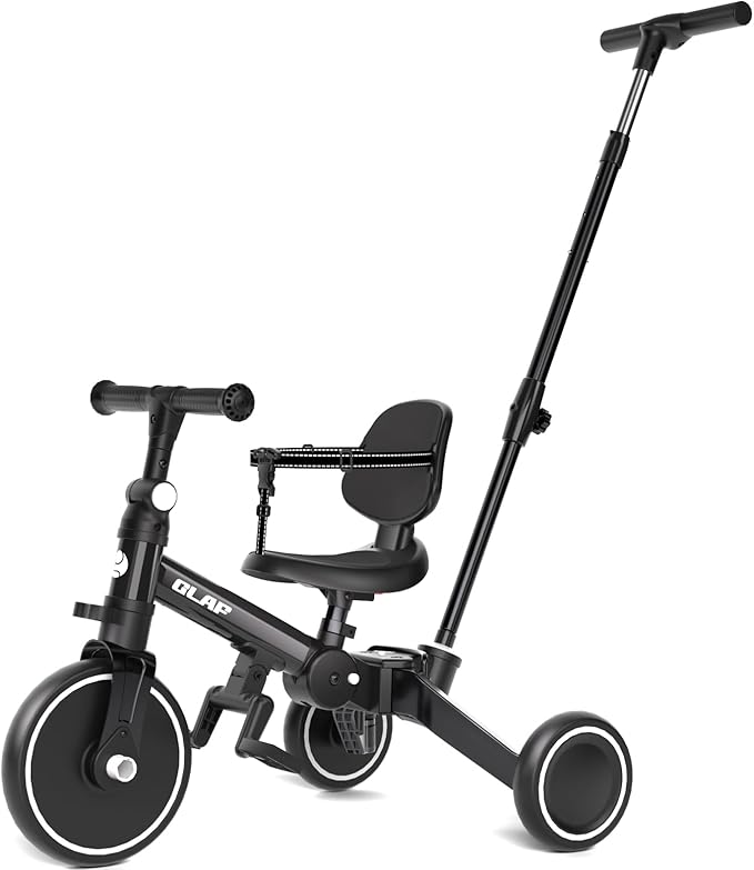 Glaf Tricycle for Toddlers 1-3 Toddler Bike with Push Handle 2-4 Years Baby Bike Toy for 1 Year Old Boys and Girls Balance Bike with Removable Pedal, Backrest, Adjustable Seat, Gifts （Black