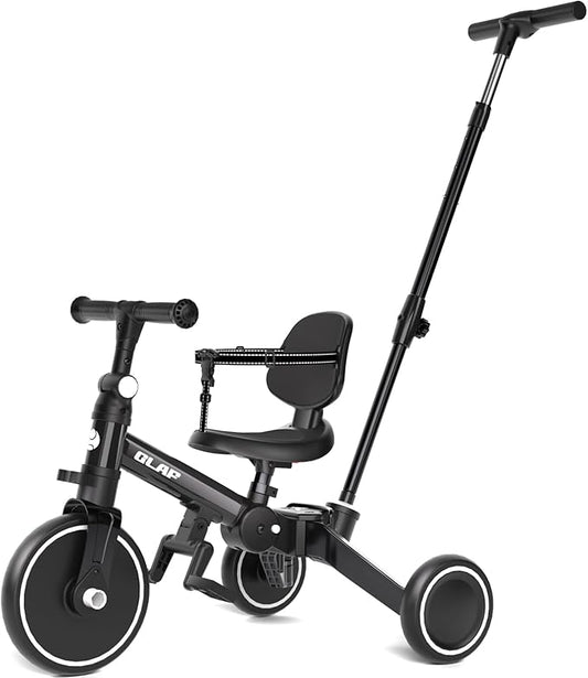 Glaf Tricycle for Toddlers 1-3 Toddler Bike with Push Handle 2-4 Years Baby Bike Toy for 1 Year Old Boys and Girls Balance Bike with Removable Pedal, Backrest, Adjustable Seat, Gifts （Black