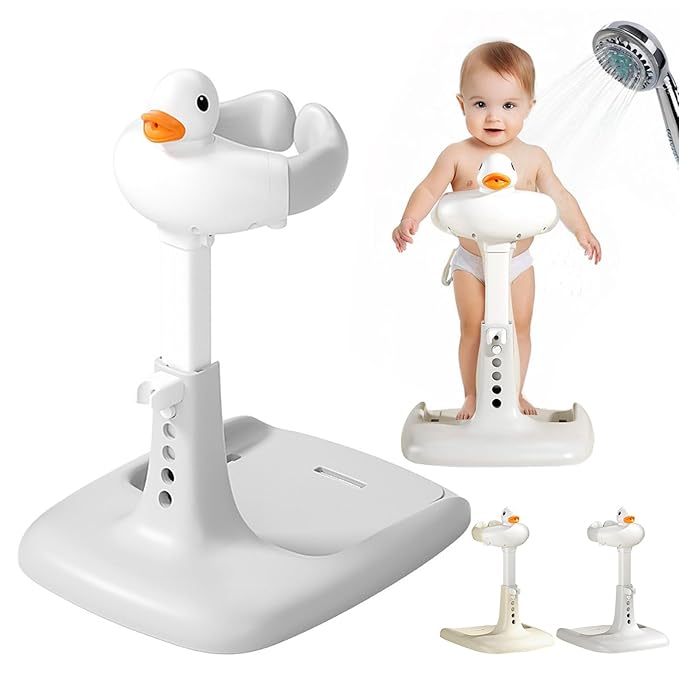 Adjustable Height Baby Shower Stand with Anti-Slip Base - Portable Bath Helper for Infants & Toddlers (8-36 Months), Safe Standing Bath Support & Tub Assistant Grey Duck