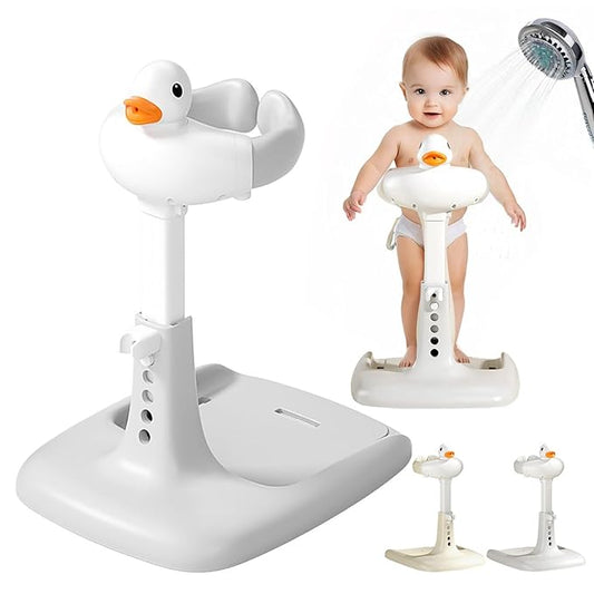 Adjustable Height Baby Shower Stand with Anti-Slip Base - Portable Bath Helper for Infants & Toddlers (8-36 Months), Safe Standing Bath Support & Tub Assistant Grey Duck