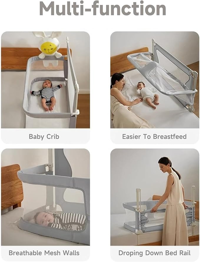 3 in 1 Portable Crib,Folding Bedside Crib Side Bed Rail Guard, Breathable Visual Mesh Window Cot Side Baby Bed, Infant/Baby Boy/Baby Girl, Gray
