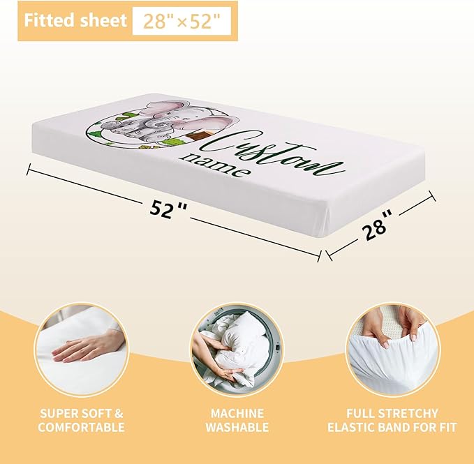 Personalized Baby Bedding Set, 3 Pcs Custom Name Crib Bedding Set for Nursery, Soft Double Layer Baby Crib Set for Boys Girls, Customized Gifts for New Parents Toddler Infant, Green Elephant