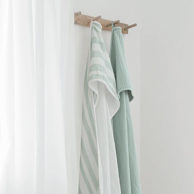 Konssy 2-Pack Muslin Hooded Baby Towels, 100% Cotton, Ultra-Soft & Absorbent Baby Bath Towels with Hood for Newborn & Infant (Green, Stripe, 32" x 32")